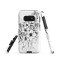 Black and white floral phone case with hand-drawn lilies and wildflowers
