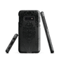 Black embossed damask phone case with gothic baroque pattern.