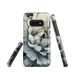 Black and white floral phone case featuring a soft, moody peony design by New Zealand artist Ben Hart.
