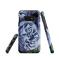 Designer phone case with a bold blue rose artwork and glossy finish.