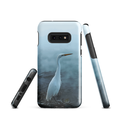 'White Heron in the mist' Samsung Galaxy S10e tough phone case - protective glossy case NZ Australia