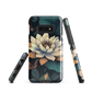 Phone case with ivory water lily, green leaves, and butterfly accents on dark background