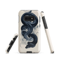 Phone case with black python and smoke design on cream background, serpent art by NZ artist Ben Hart.