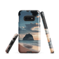 Phone case with Cathedral Cove beach and sunset scene, featuring soft skies and sea stack, by NZ artist Ben Hart.