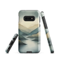 Phone case with soft mountain and valley design in misty green, blue, and golden tones