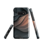 Phone case with flowing abstract design in black, copper and charcoal tones, inspired by dusk shadows