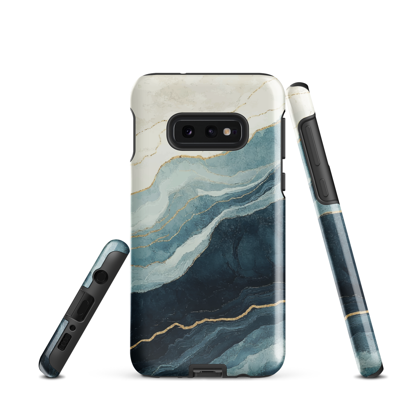 An elegant abstract phone case inspired by layered coastal forms in blue and teal tones.
