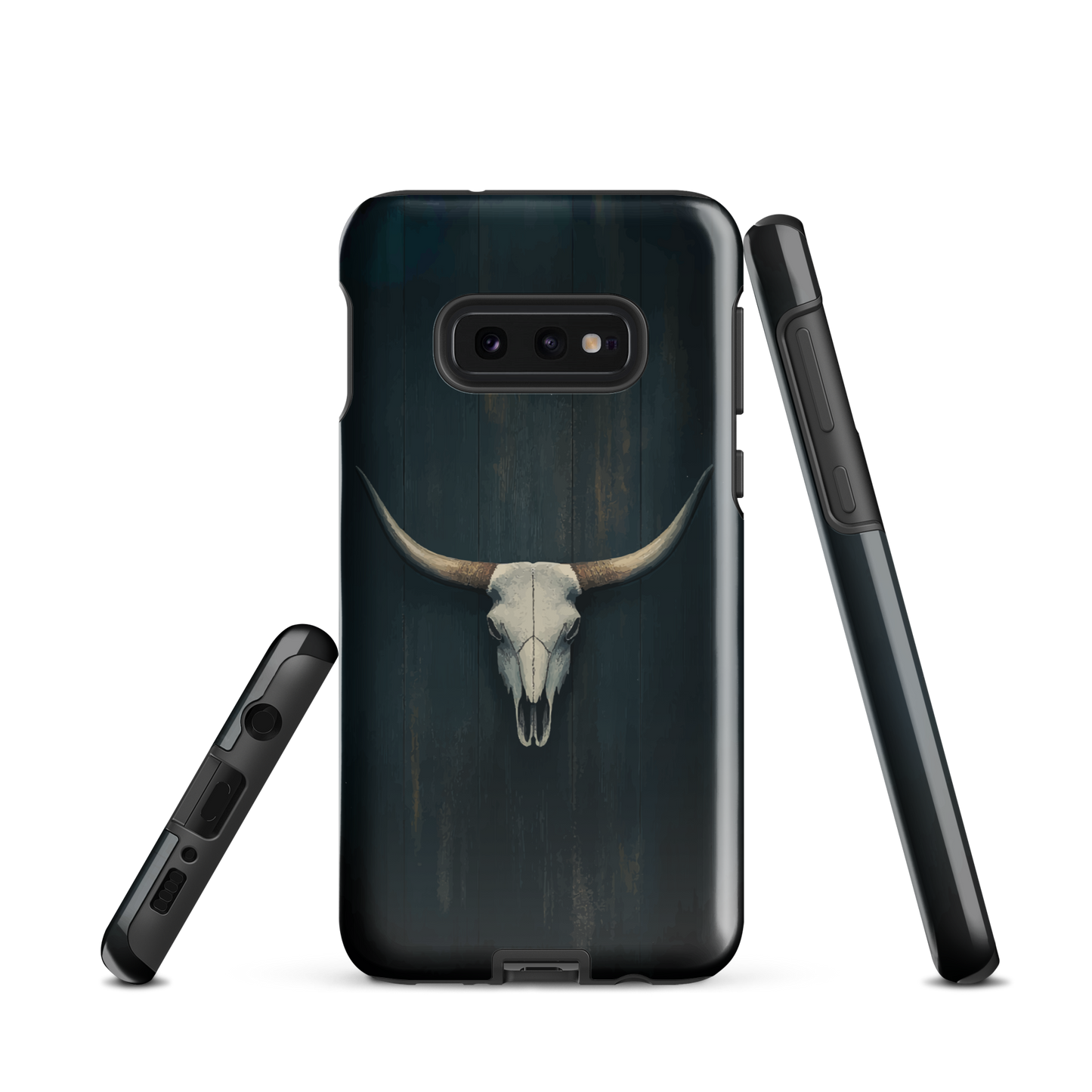 Longhorn skull set against a dark, textured backdrop - protective phone case.