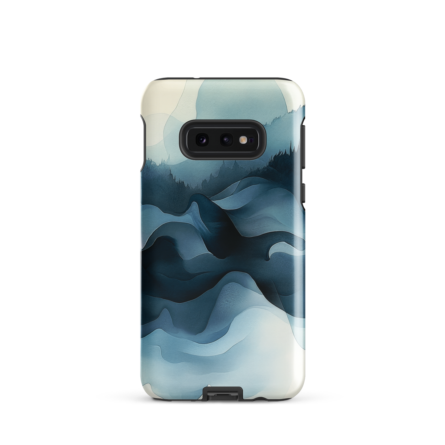 A calming abstract landscape phone case inspired by quiet valleys and soft blue tones.