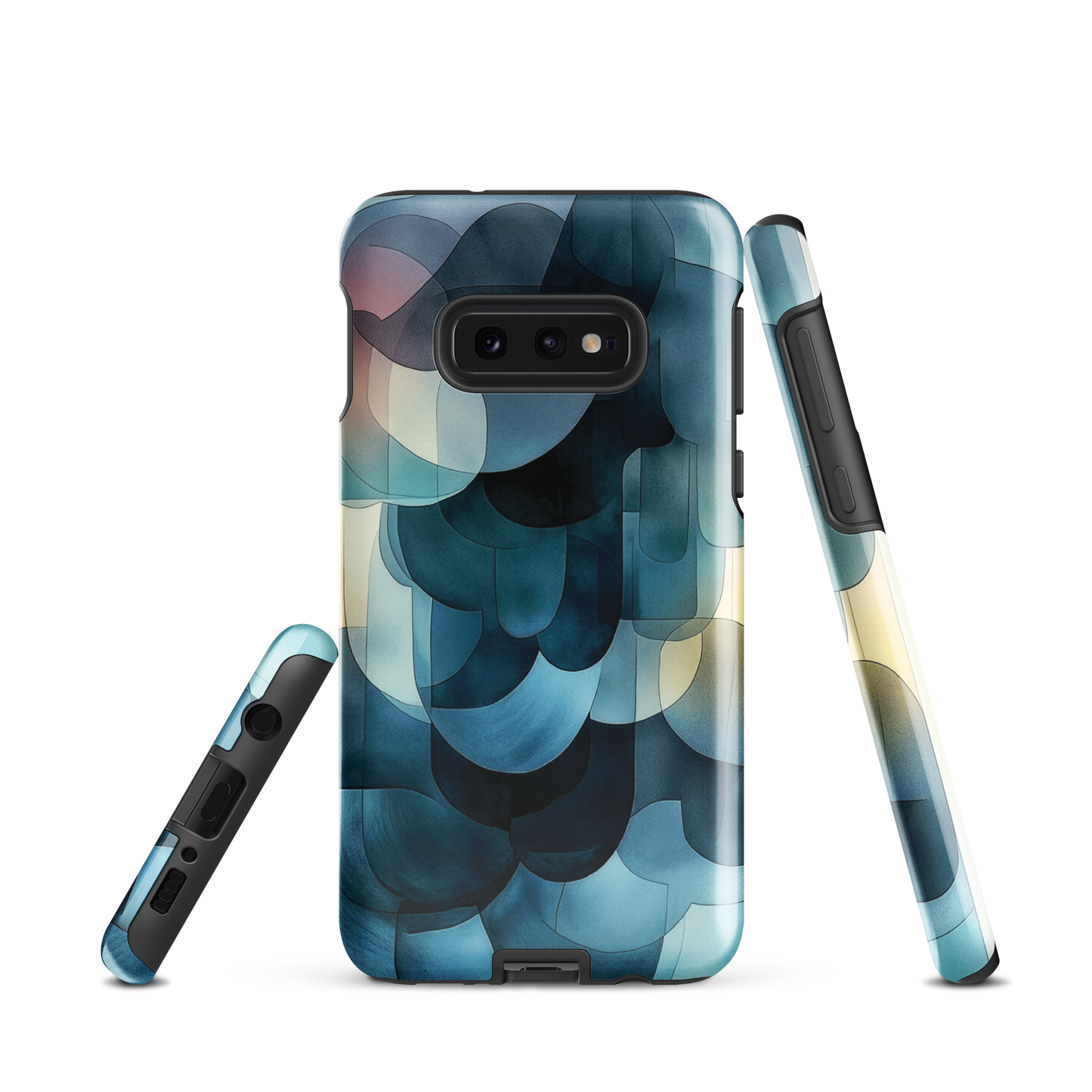 A modern abstract phone case featuring layered blue forms and soft flowing shapes.