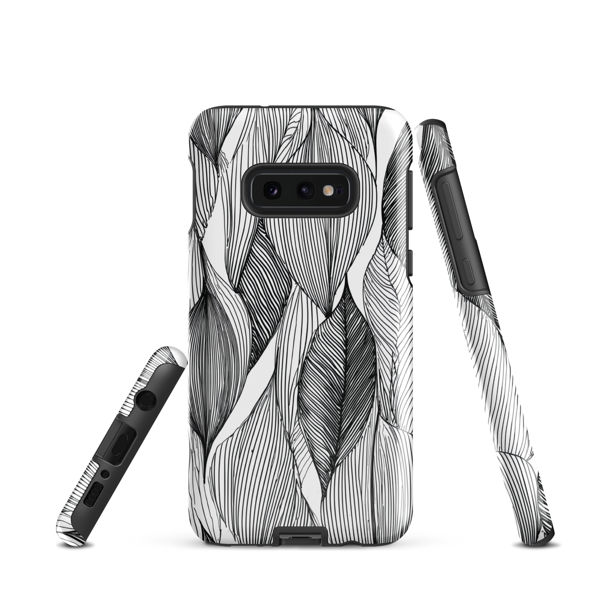 A minimalist phone case featuring fine black botanical linework in a repeating leaf pattern.