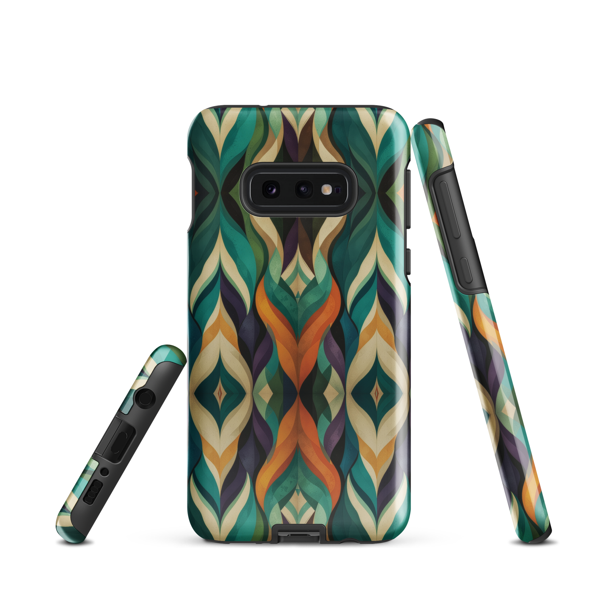 A bold geometric phone case featuring layered shapes in rich, earthy tones.