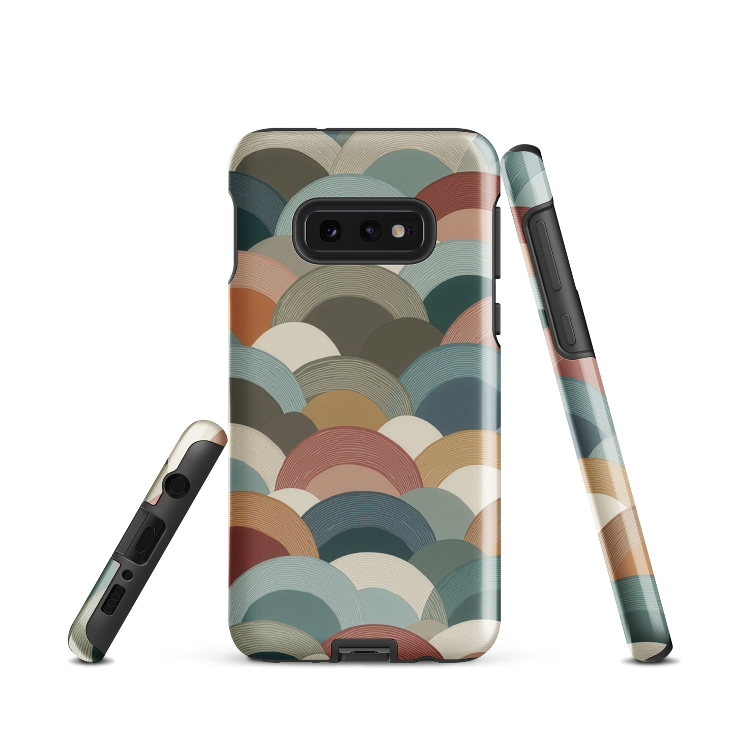 A soft retro-inspired phone case featuring layered arc shapes in warm, earthy tones.