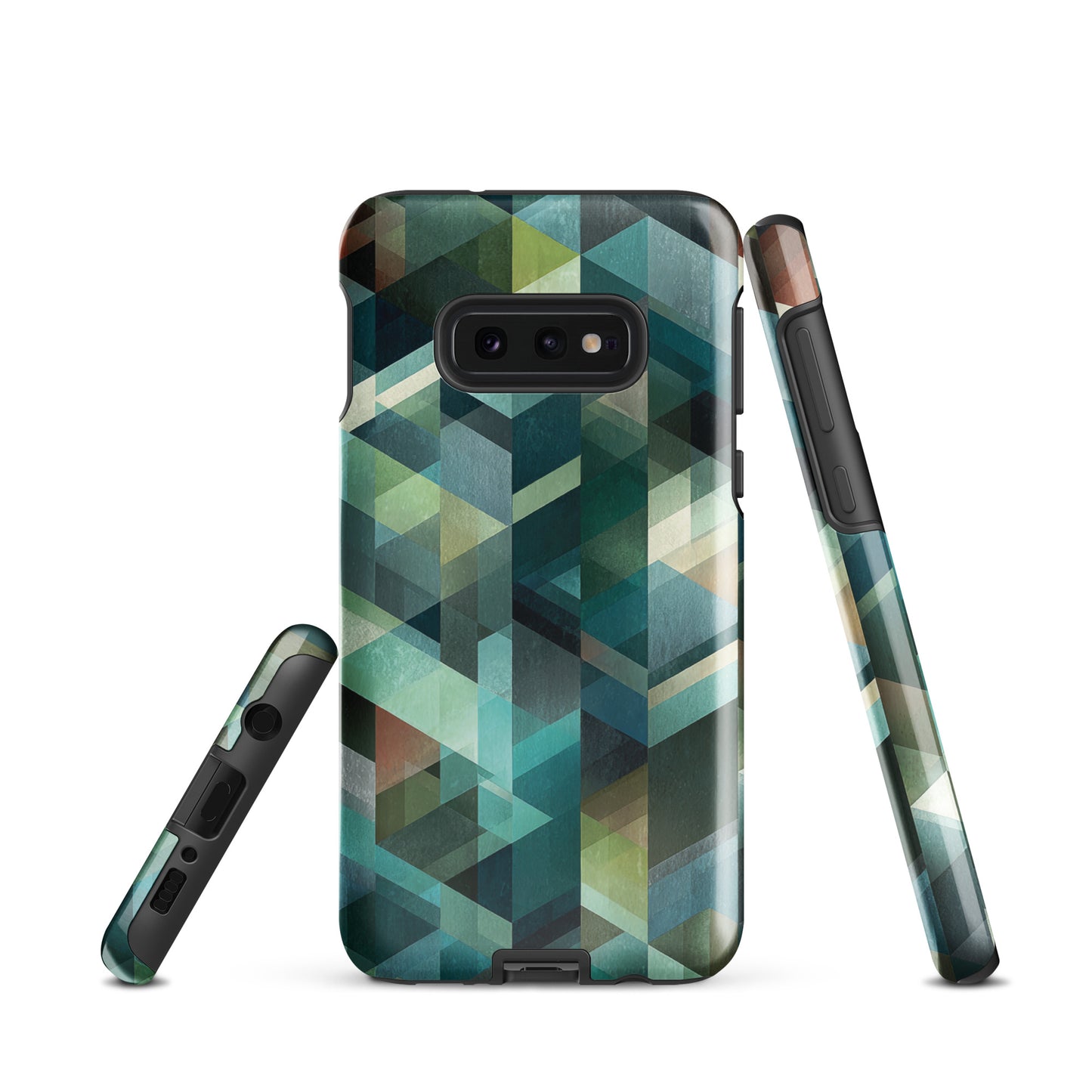 Modern abstract geometric phone case in teal and blue tones with layered retro-inspired shapes.