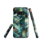 Modern abstract geometric phone case in teal and blue tones with layered retro-inspired shapes.