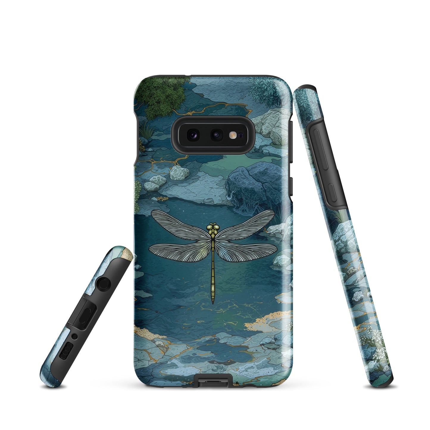 Nature-inspired phone case featuring a dragonfly over calm water with blue and green forest tones.