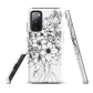 Black and white floral phone case with hand-drawn lilies and wildflowers