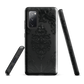 Black embossed damask phone case with gothic baroque pattern.