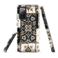 Moroccan tile pattern phone case in black, white, and gold tones with vintage-inspired design.