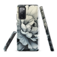 Black and white floral phone case featuring a soft, moody peony design by New Zealand artist Ben Hart.