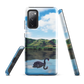 Phone case with a black swan on a calm lake, New Zealand hills in the background. Art by NZ designer Ben Hart.