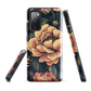 Phone case with vintage-style pink roses and bees on dark background, floral New Zealand artwork.