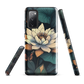 Phone case with ivory water lily, green leaves, and butterfly accents on dark background