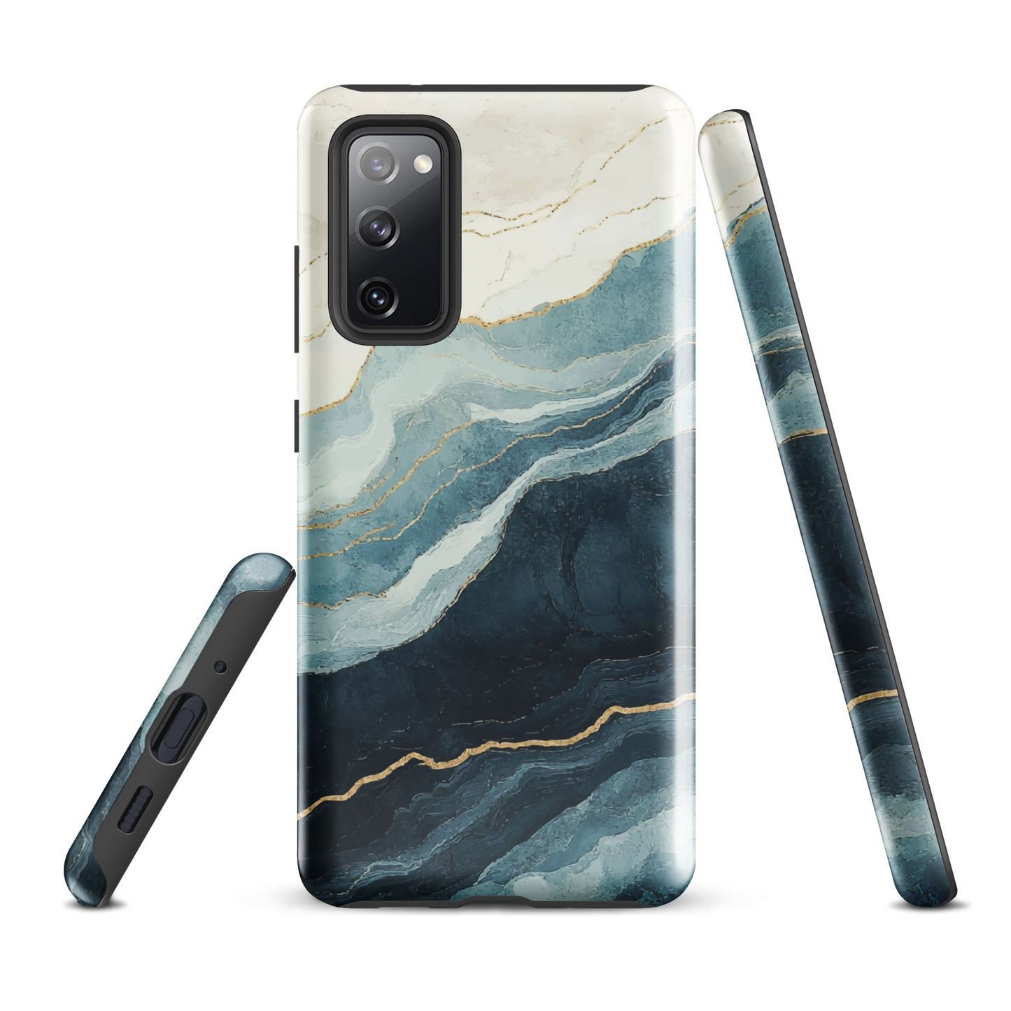 An elegant abstract phone case inspired by layered coastal forms in blue and teal tones.