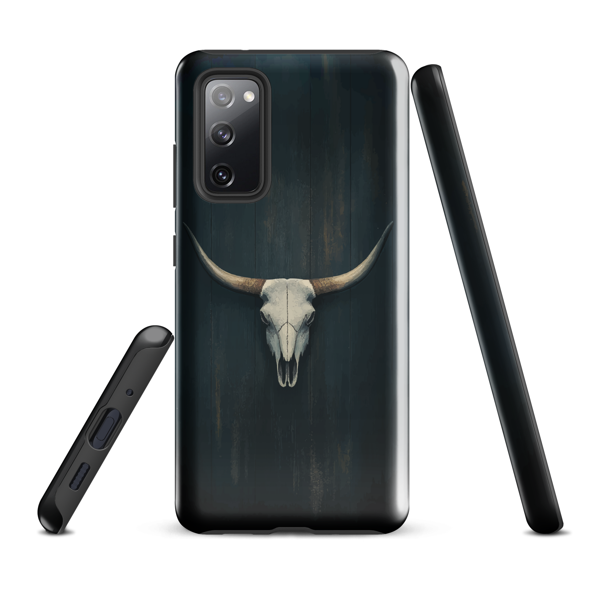 Longhorn skull set against a dark, textured backdrop - protective phone case.