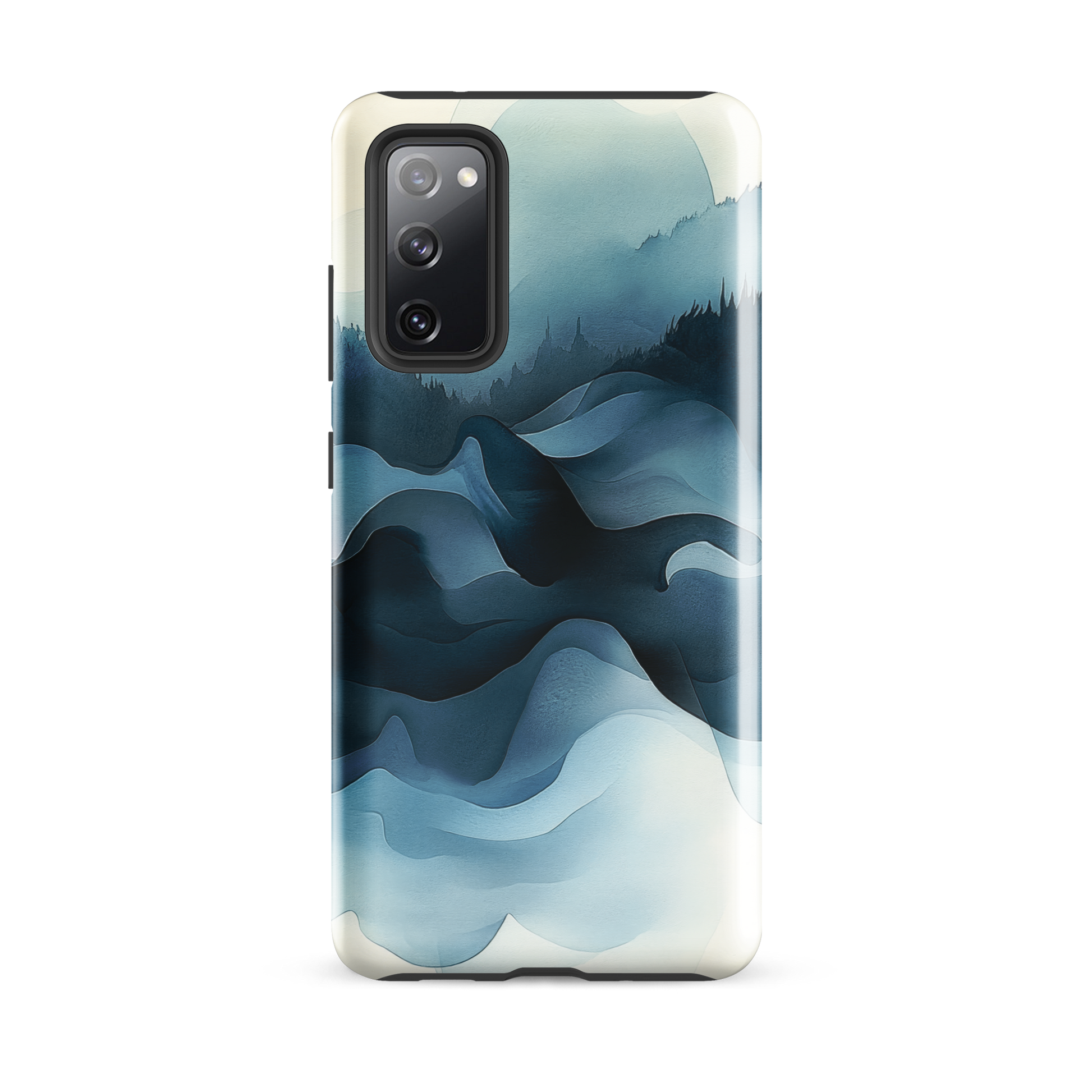 A calming abstract landscape phone case inspired by quiet valleys and soft blue tones.
