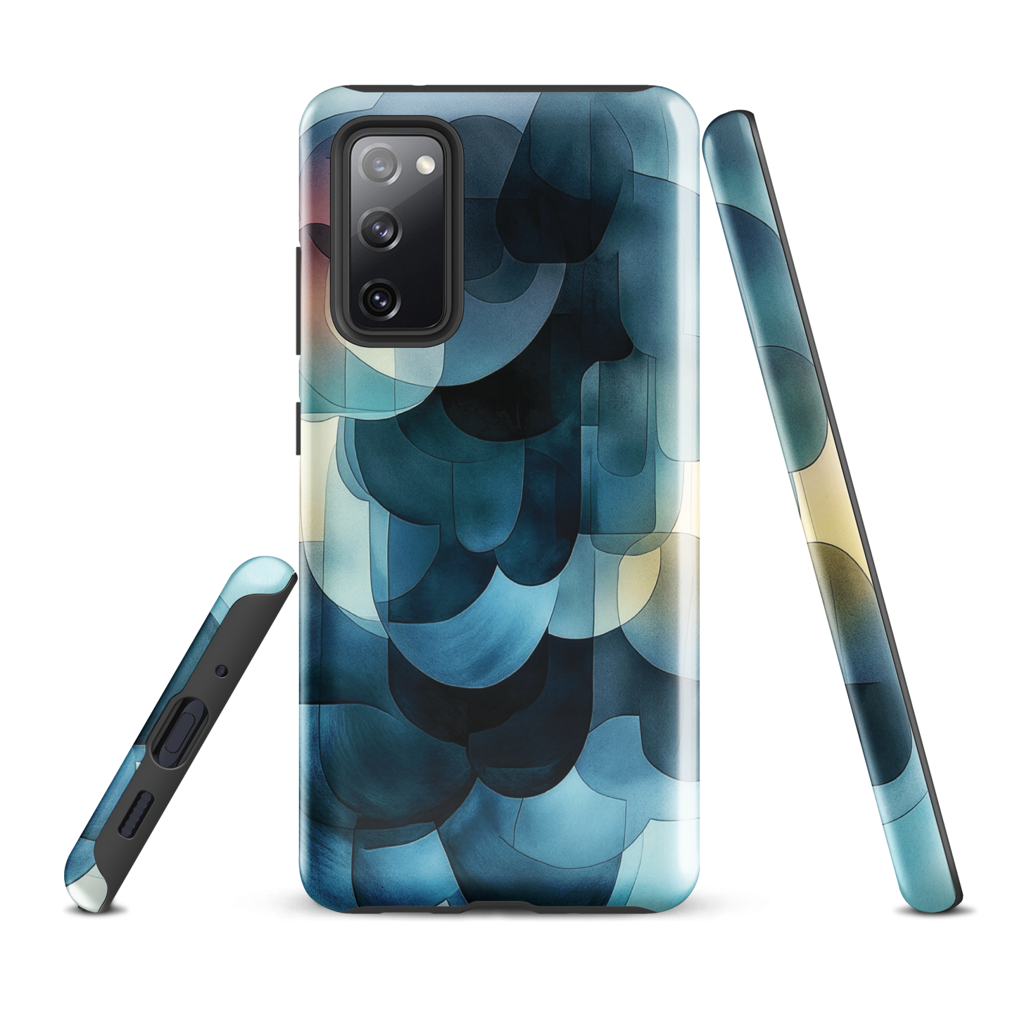 A modern abstract phone case featuring layered blue forms and soft flowing shapes.