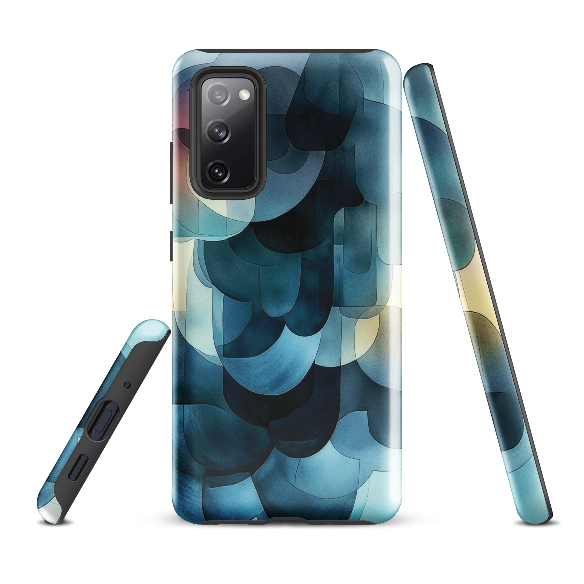A modern abstract phone case featuring layered blue forms and soft flowing shapes.