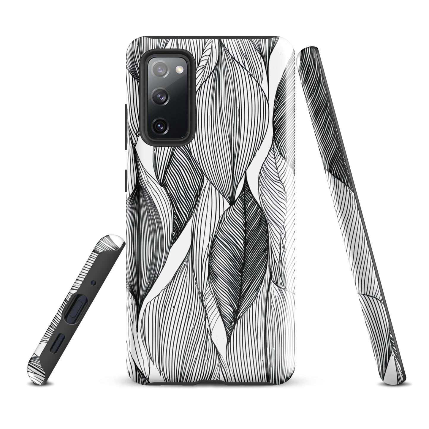 A minimalist phone case featuring fine black botanical linework in a repeating leaf pattern.