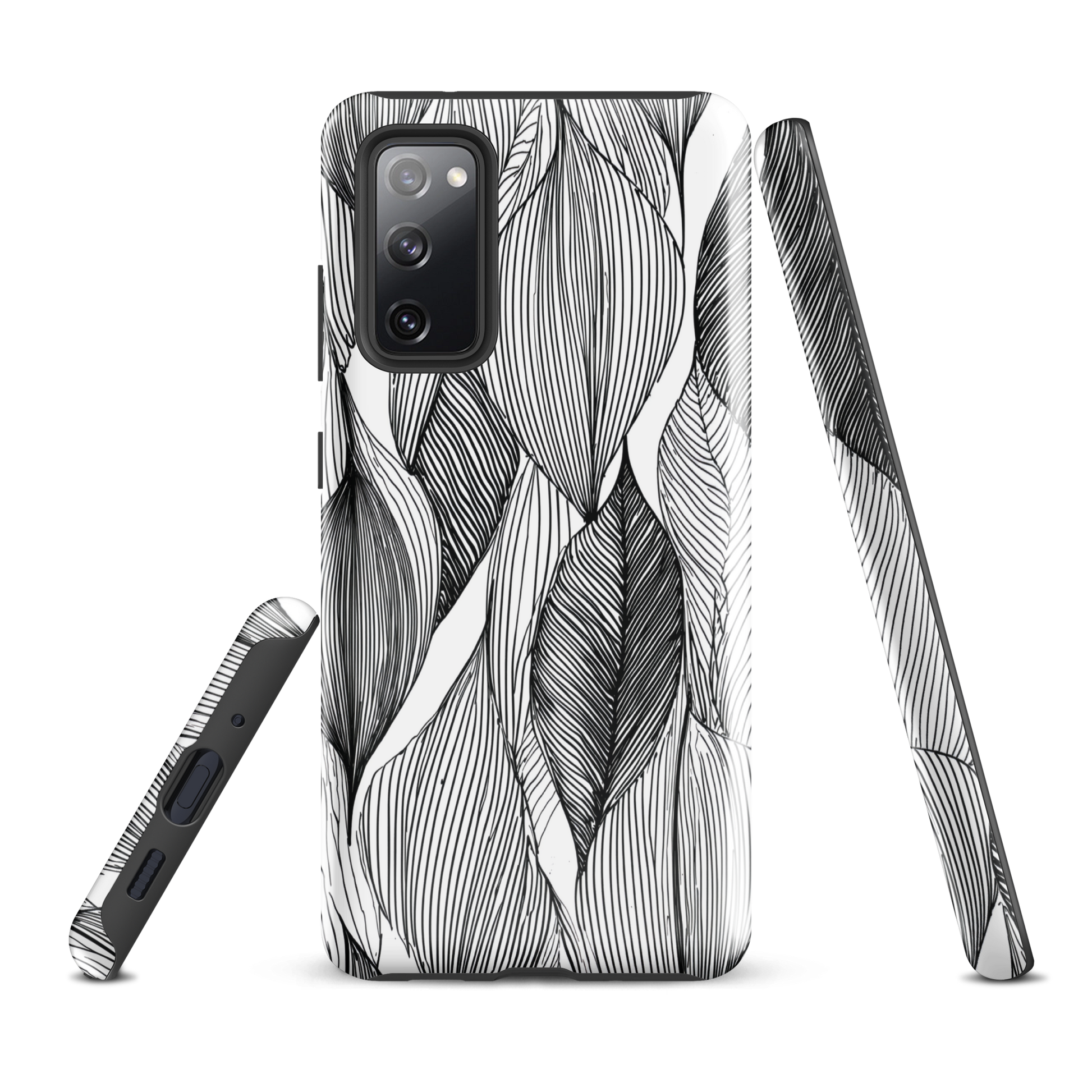 A minimalist phone case featuring fine black botanical linework in a repeating leaf pattern.