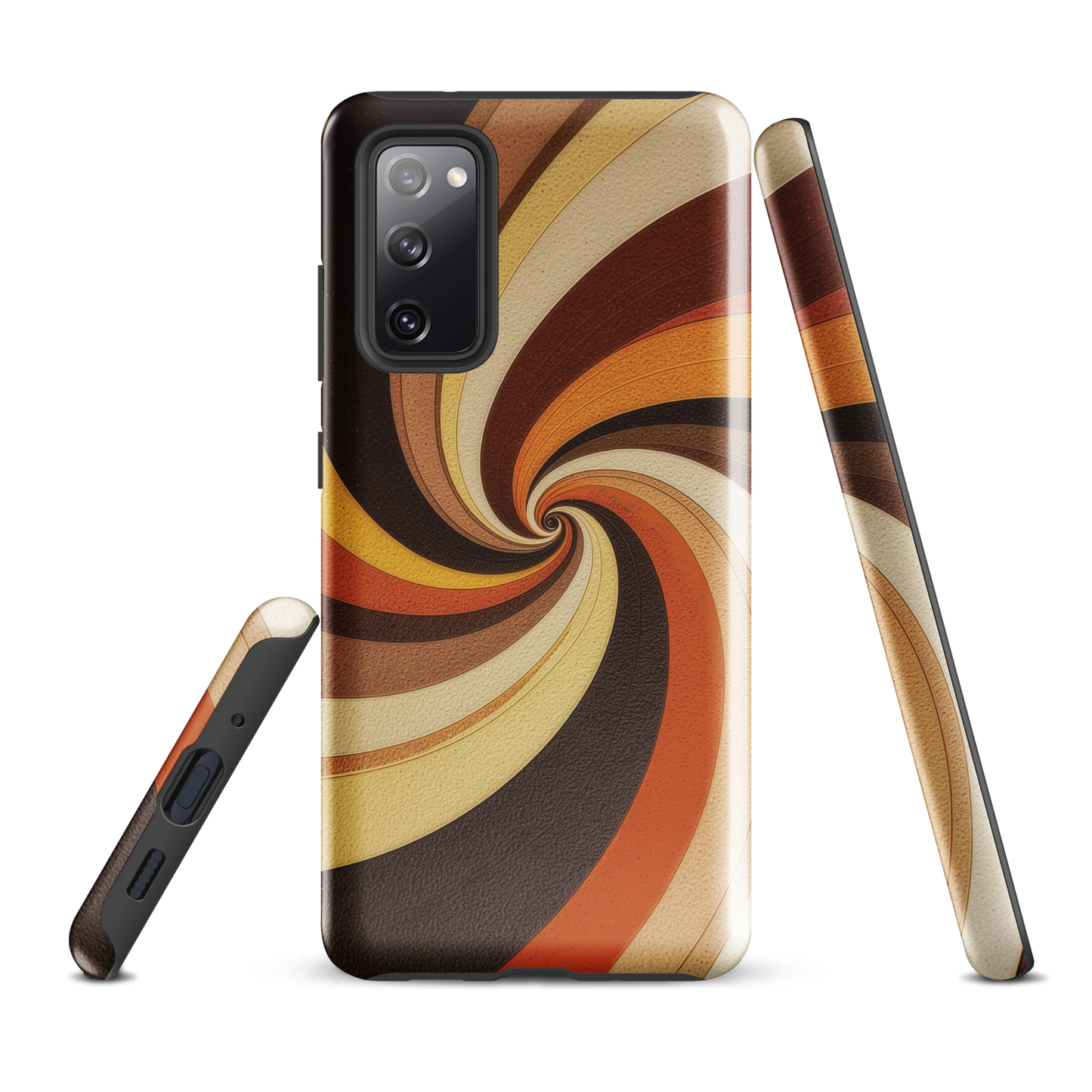 A retro-inspired phone case featuring warm swirling patterns in orange, yellow, and brown tones.