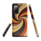 A retro-inspired phone case featuring warm swirling patterns in orange, yellow, and brown tones.