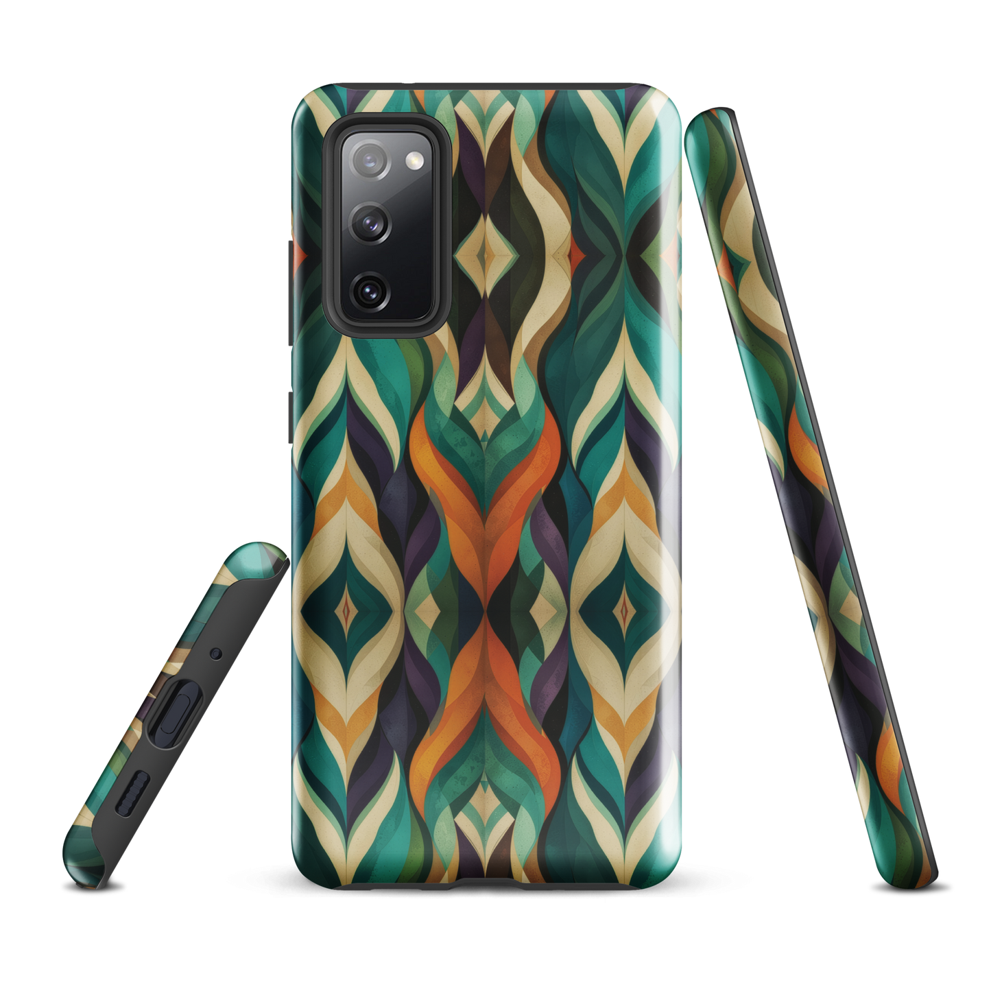 A bold geometric phone case featuring layered shapes in rich, earthy tones.