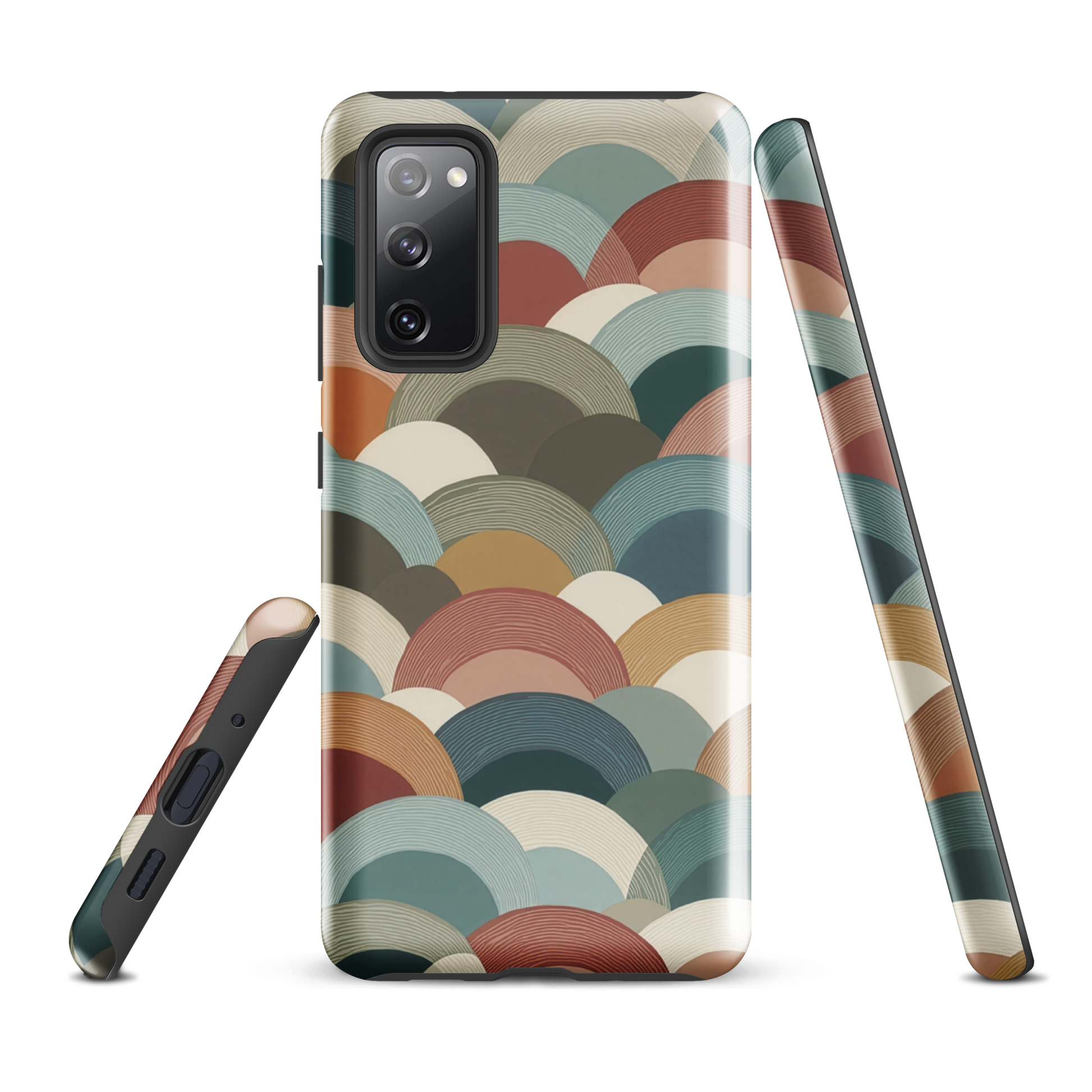 A soft retro-inspired phone case featuring layered arc shapes in warm, earthy tones.