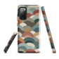A soft retro-inspired phone case featuring layered arc shapes in warm, earthy tones.