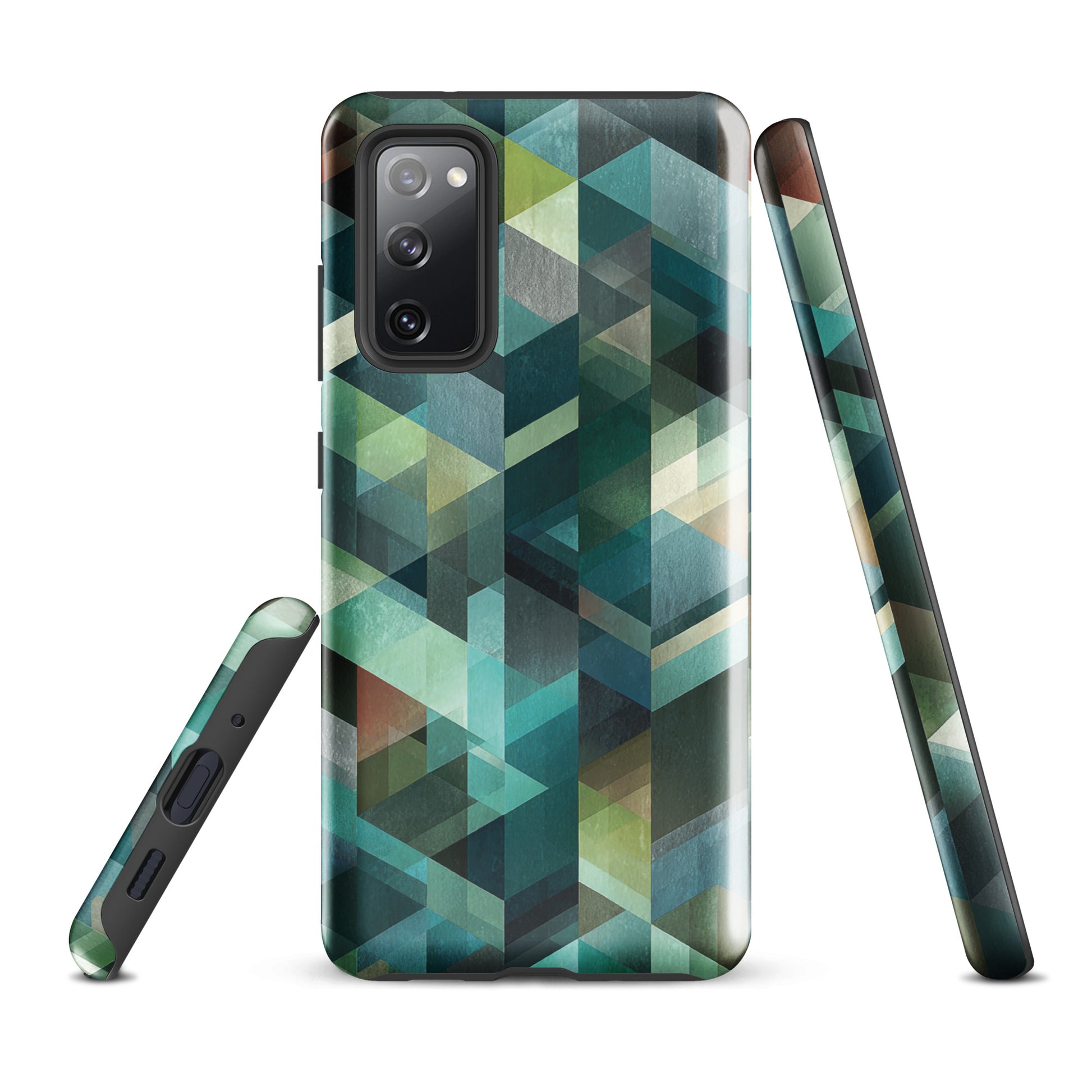 Modern abstract geometric phone case in teal and blue tones with layered retro-inspired shapes.
