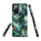 Modern abstract geometric phone case in teal and blue tones with layered retro-inspired shapes.