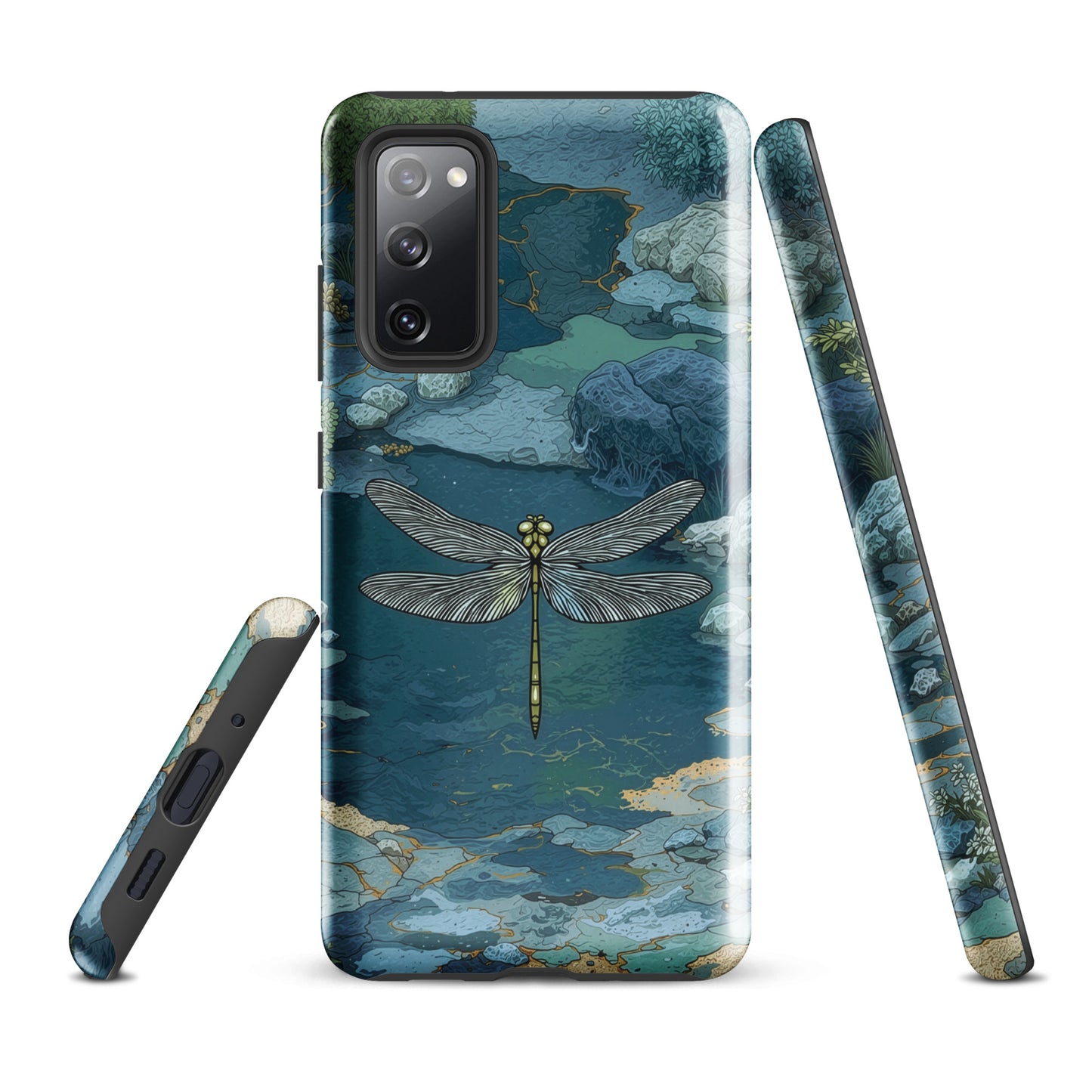 Nature-inspired phone case featuring a dragonfly over calm water with blue and green forest tones.