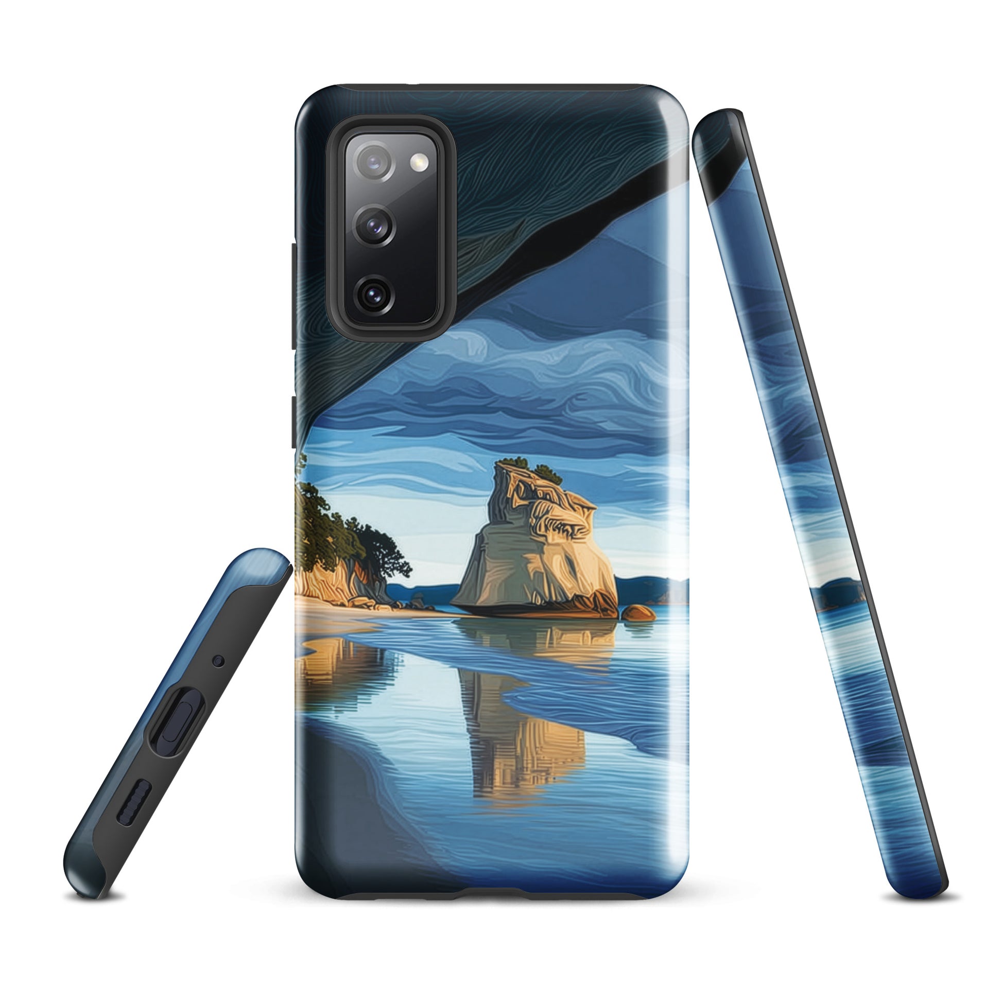 Artistic Cathedral Cove coastal designer phone case with arch rock, blue ocean and golden cliffs