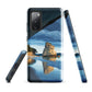 Artistic Cathedral Cove coastal designer phone case with arch rock, blue ocean and golden cliffs