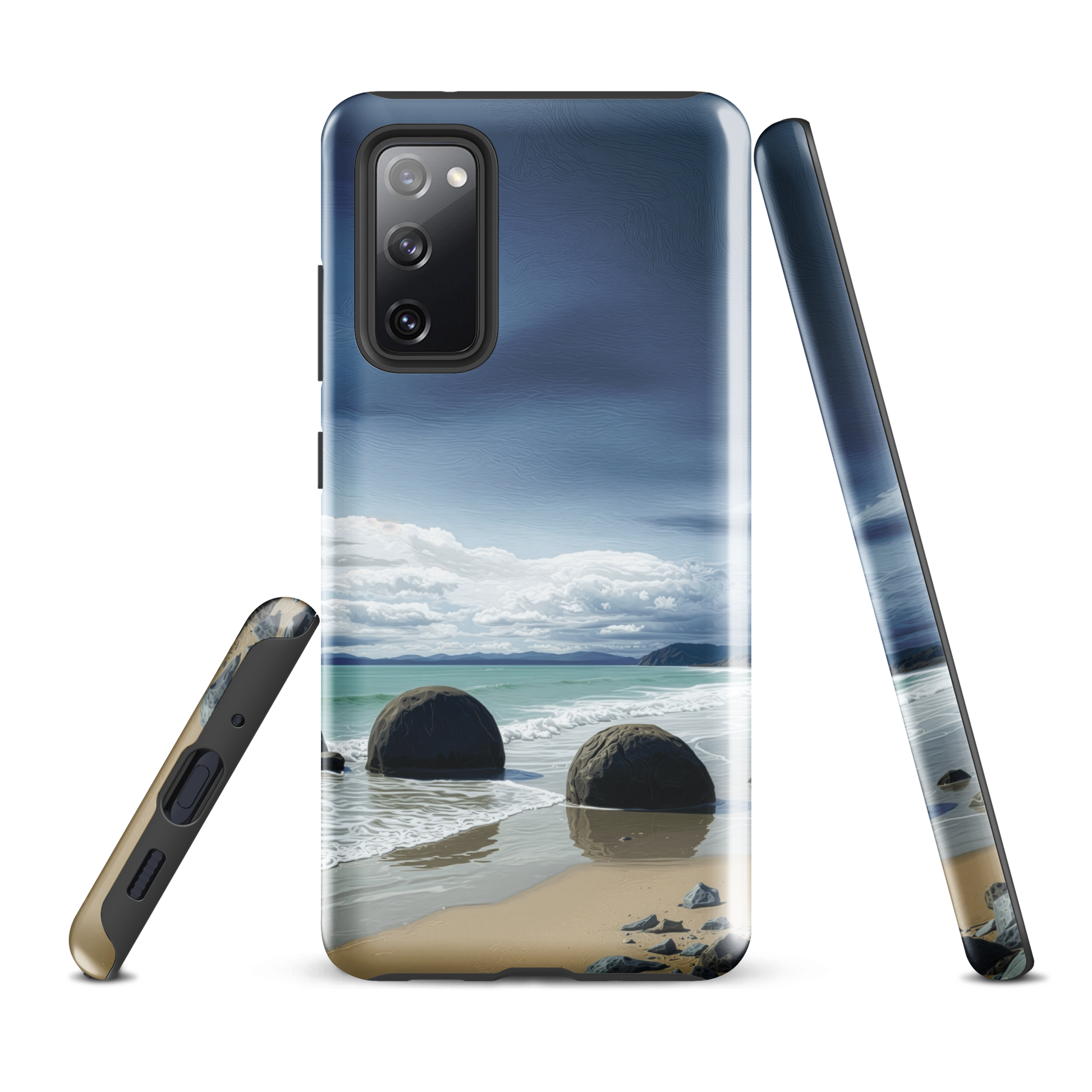 Moeraki Boulders coastal designer phone case with ocean waves and dramatic NZ sky