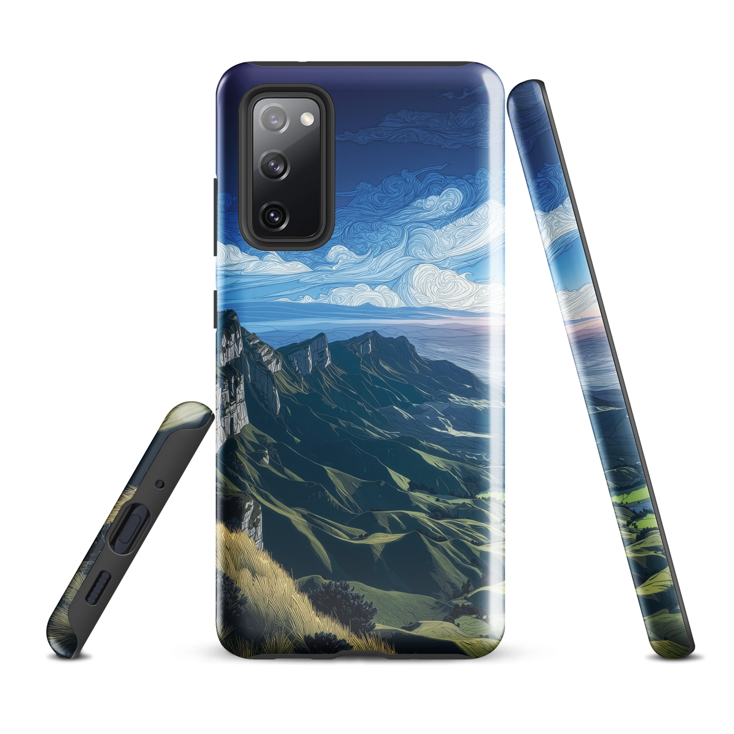 Te Mata Peak designer phone case with Hawke’s Bay cliffs, rolling green hills and dramatic swirling sky