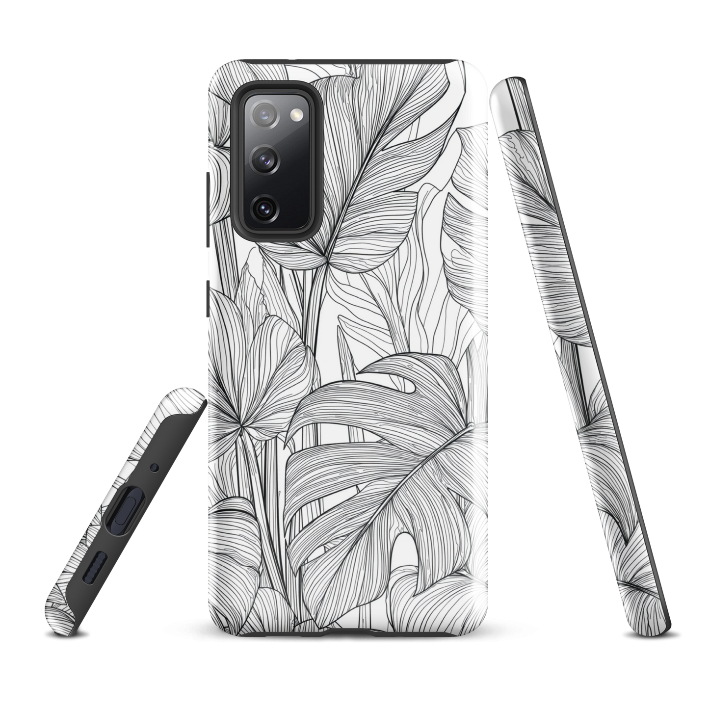 Minimal black and white tropical leaf designer phone case with detailed botanical line art