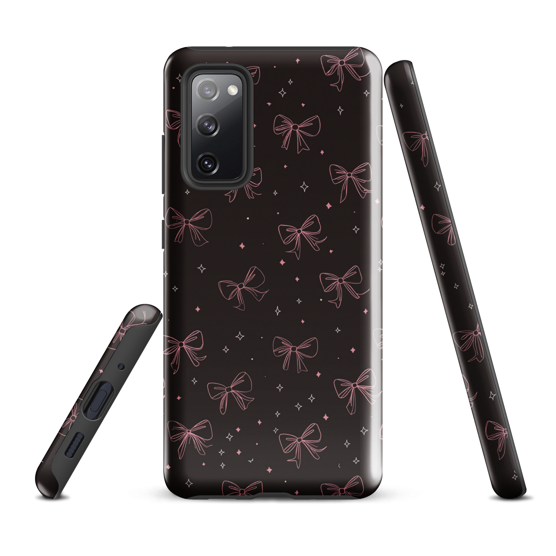 Midnight Bow seamless repeat pattern — pink hand-drawn ribbon bows and sparkle stars on a black background
