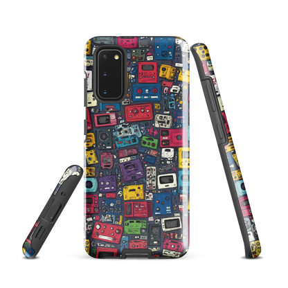 'Arcade' Samsung case, featuring a vibrant collage of hand-drawn controllers in bold, vintage-inspired colours. From electric blue and hot pink to classic black and yellow