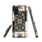 Moroccan tile pattern phone case in black, white, and gold tones with vintage-inspired design.